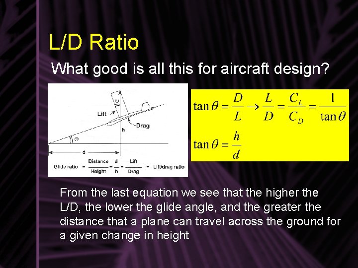 L/D Ratio What good is all this for aircraft design? From the last equation