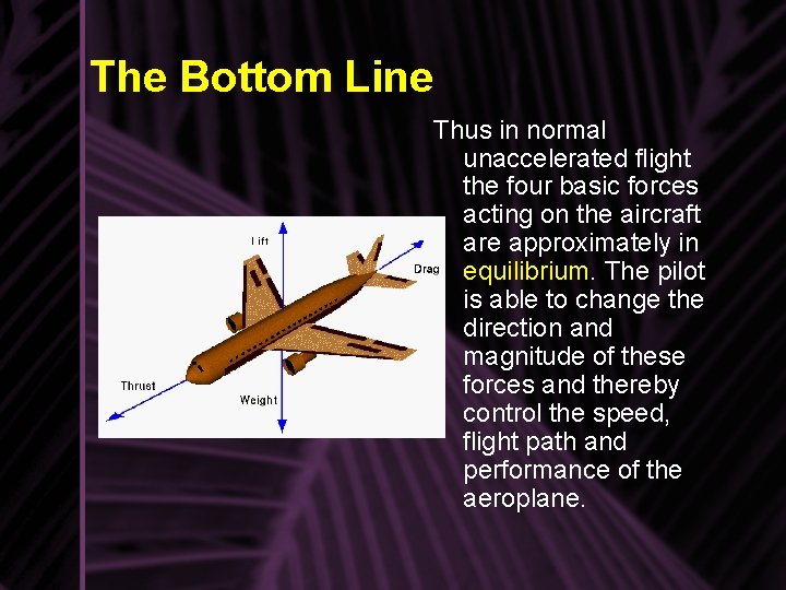 The Bottom Line Thus in normal unaccelerated flight the four basic forces acting on