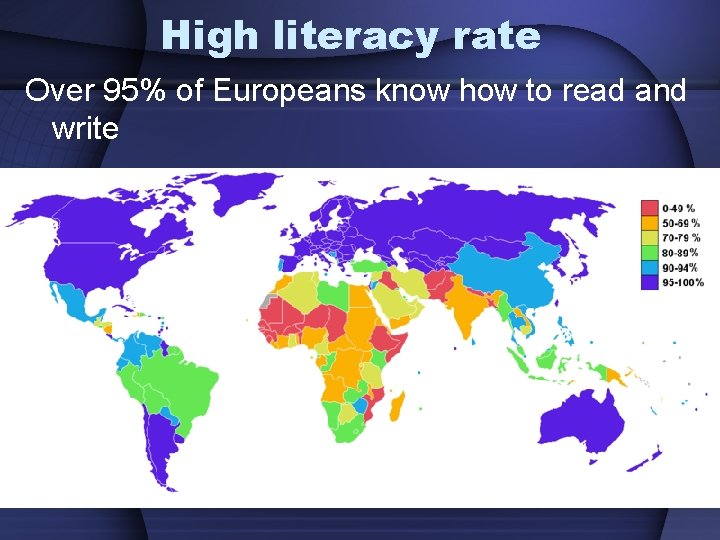 High literacy rate Over 95% of Europeans know how to read and write 