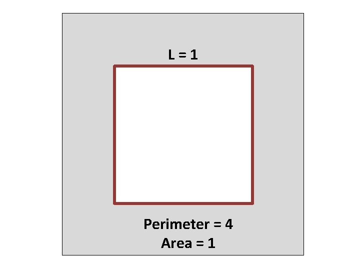 L=1 Perimeter = 4 Area = 1 L=1 Perimeter = 4 Area = 1