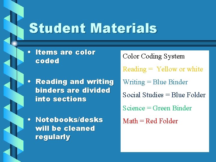 Student Materials • Items are color coded Color Coding System Reading = Yellow or