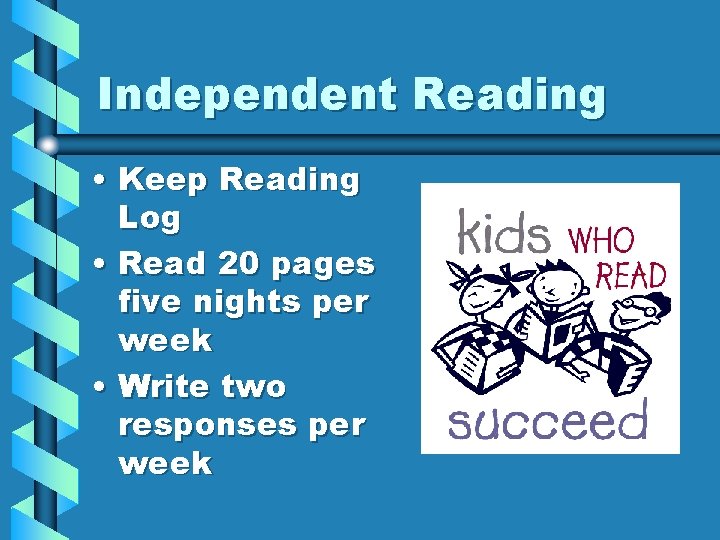 Independent Reading • Keep Reading Log • Read 20 pages five nights per week