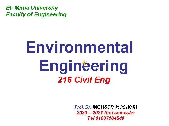 El- Minia University Faculty of Engineering Environmental Engineering 216 Civil Eng Prof. Dr. Mohsen