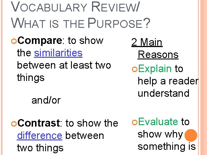 VOCABULARY REVIEW/ WHAT IS THE PURPOSE? Compare: to show the similarities between at least