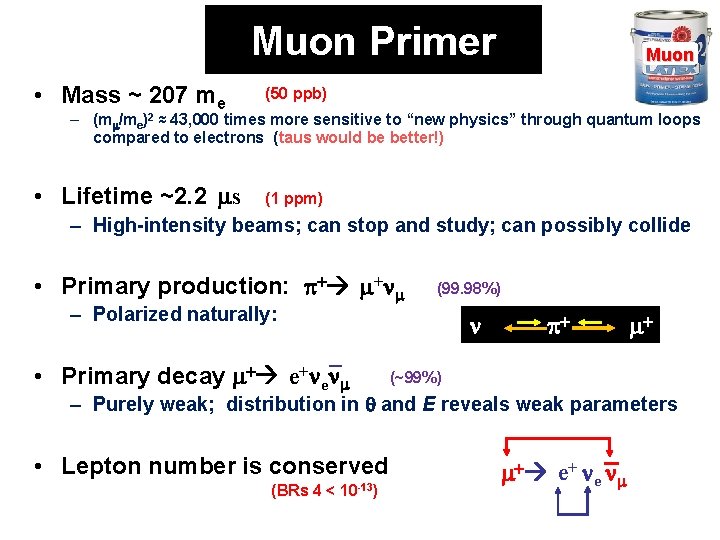 Muon Primer • Mass ~ 207 me (50 ppb) • Lifetime ~2. 2 s