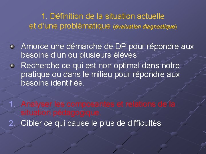 1. Définition de la situation actuelle et d’une problématique (évaluation diagnostique) Amorce une démarche