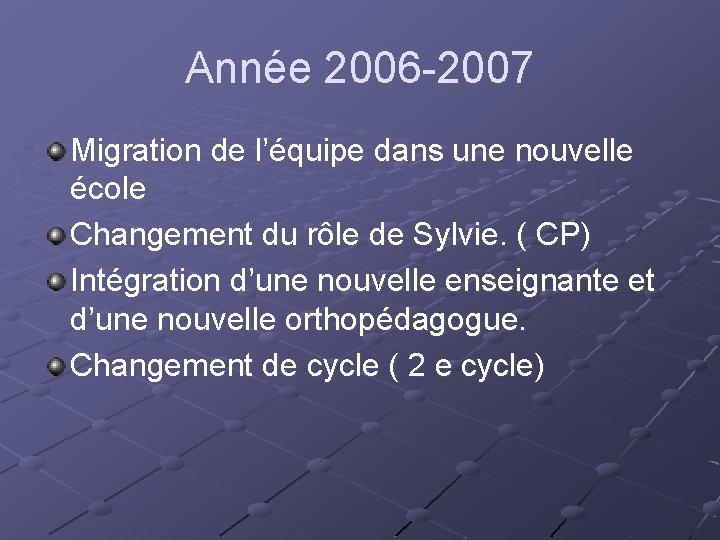 Année 2006 -2007 Migration de l’équipe dans une nouvelle école Changement du rôle de