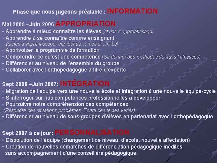 Phase que nous jugeons préalable : INFORMATION Mai 2005 –Juin 2006 APPROPRIATION • Apprendre