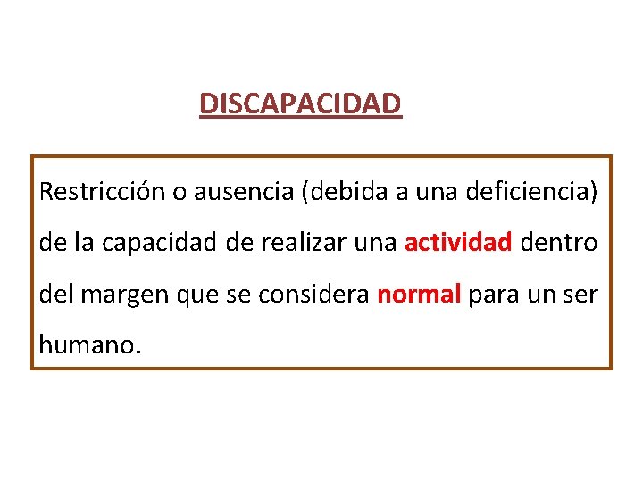 DISCAPACIDAD Restricción o ausencia (debida a una deficiencia) de la capacidad de realizar una