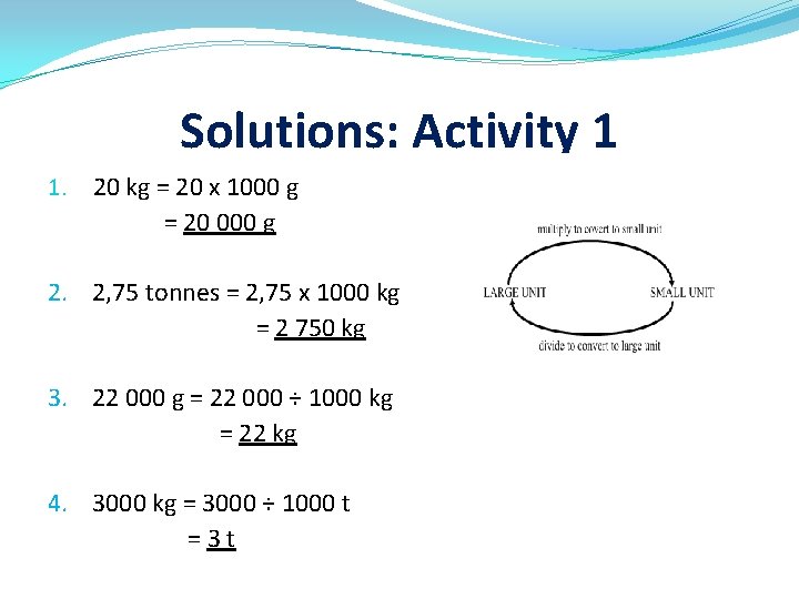 Solutions: Activity 1 1. 20 kg = 20 x 1000 g = 20 000