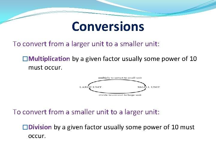 Conversions To convert from a larger unit to a smaller unit: �Multiplication by a
