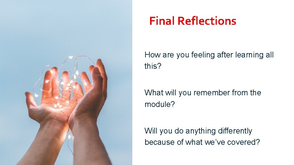 Final Reflections How are you feeling after learning all this? What will you remember