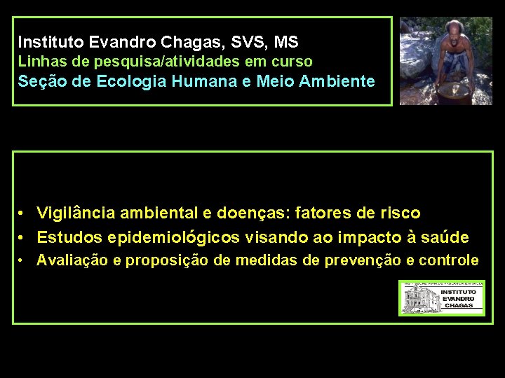 Instituto Evandro Chagas, SVS, MS Linhas de pesquisa/atividades em curso Seção de Ecologia Humana