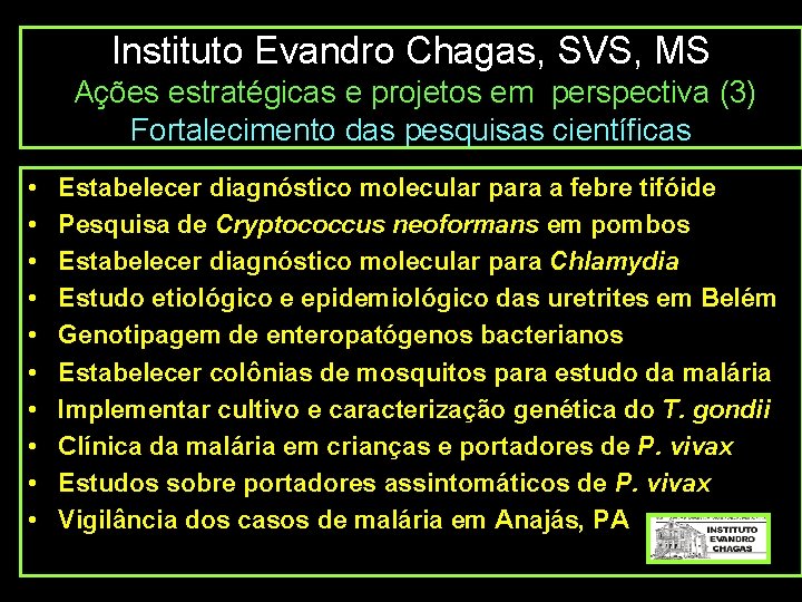 Instituto Evandro Chagas, SVS, MS Ações estratégicas e projetos em perspectiva (3) Fortalecimento das