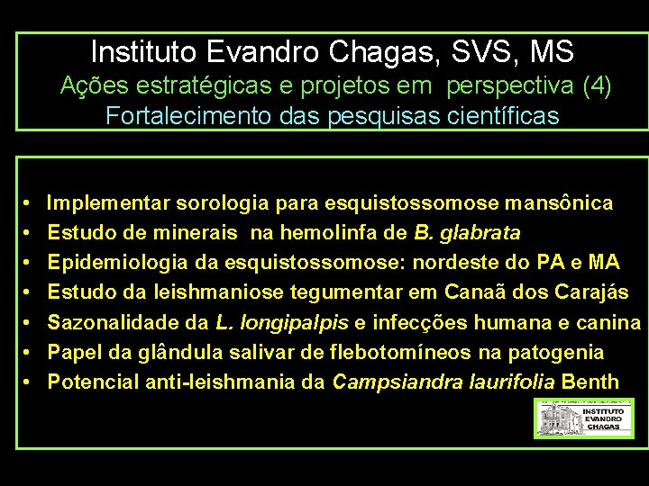 Instituto Evandro Chagas, SVS, MS Ações estratégicas e projetos em perspectiva (4) Fortalecimento das