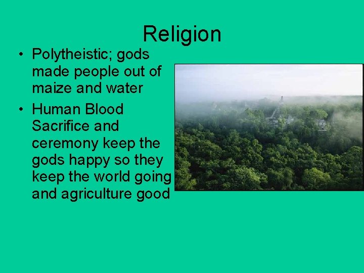 Religion • Polytheistic; gods made people out of maize and water • Human Blood