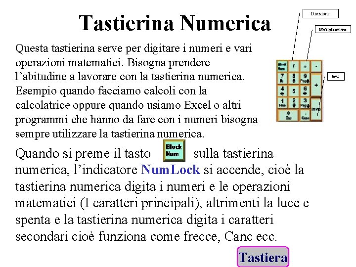 Tastierina Numerica Questa tastierina serve per digitare i numeri e vari operazioni matematici. Bisogna