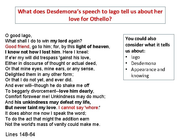 What does Desdemona’s speech to Iago tell us about her love for Othello? O