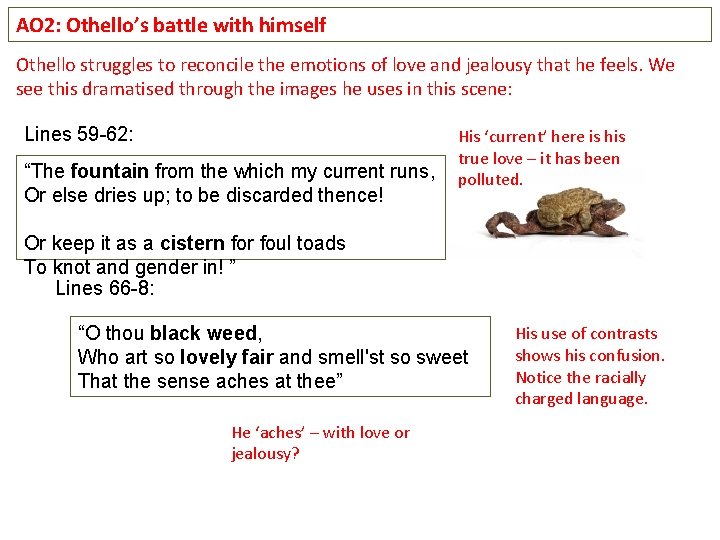 AO 2: Othello’s battle with himself Othello struggles to reconcile the emotions of love