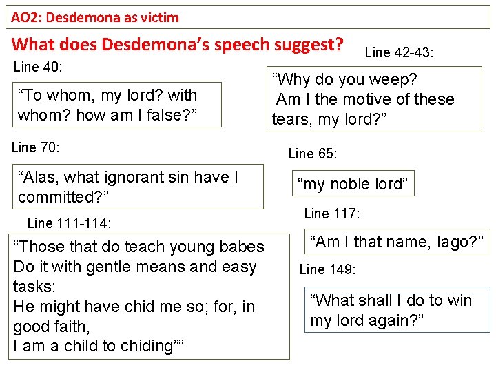 AO 2: Desdemona as victim What does Desdemona’s speech suggest? Line 40: “To whom,