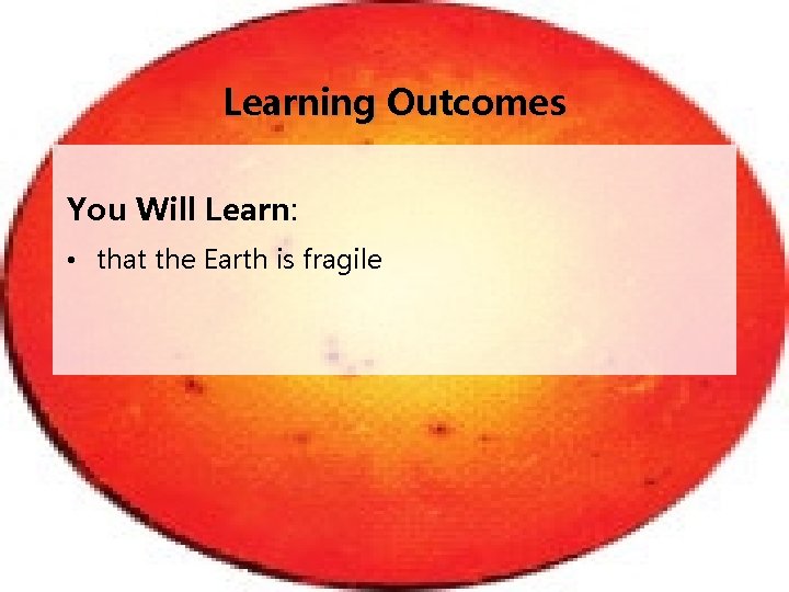 Learning Outcomes You Will Learn: • that the Earth is fragile 
