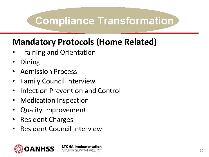 Compliance Transformation Mandatory Protocols (Home Related) • • • Training and Orientation Dining Admission