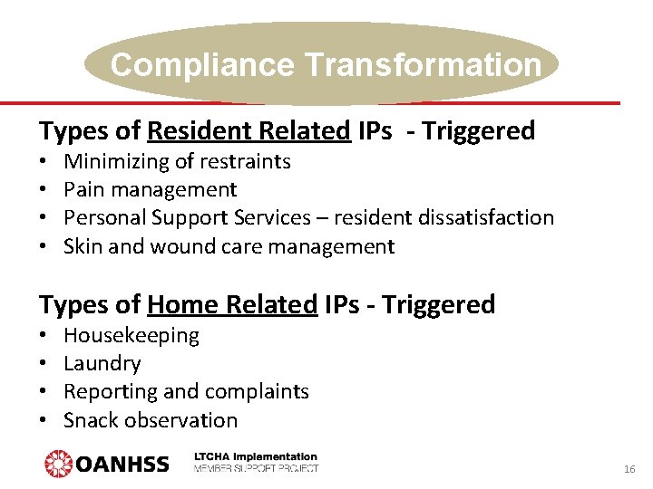 Compliance Transformation Types of Resident Related IPs - Triggered • • Minimizing of restraints