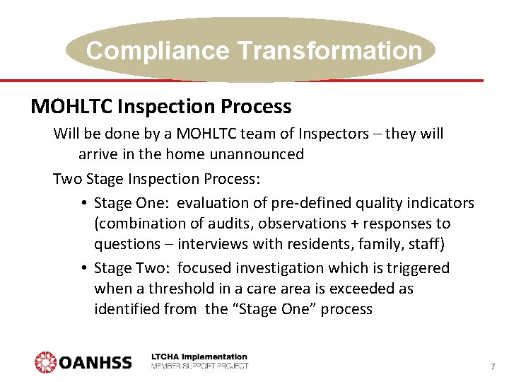 Compliance Transformation MOHLTC Inspection Process Will be done by a MOHLTC team of Inspectors