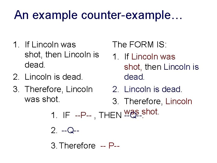 An example counter-example… 1. If Lincoln was shot, then Lincoln is dead. 2. Lincoln