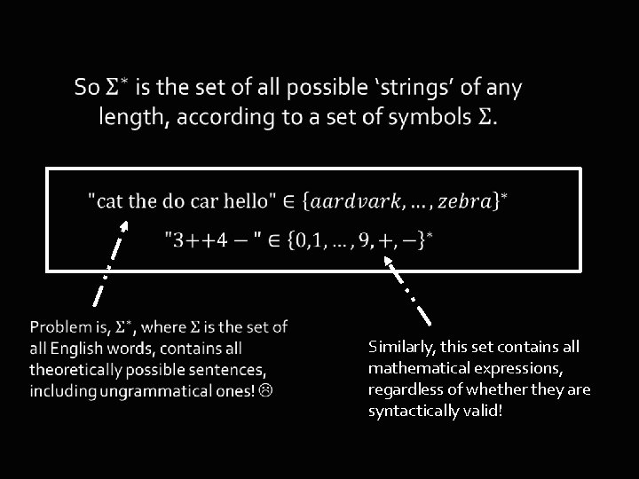 Similarly, this set contains all mathematical expressions, regardless of whether they are syntactically valid!