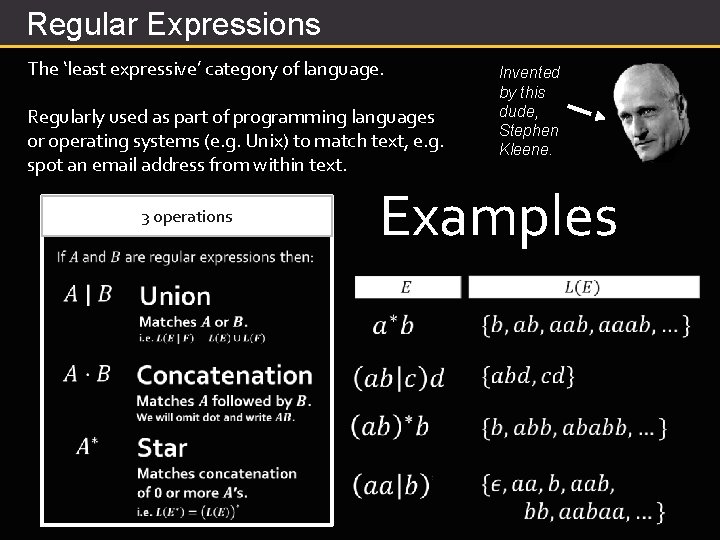 Regular Expressions The ‘least expressive’ category of language. Regularly used as part of programming