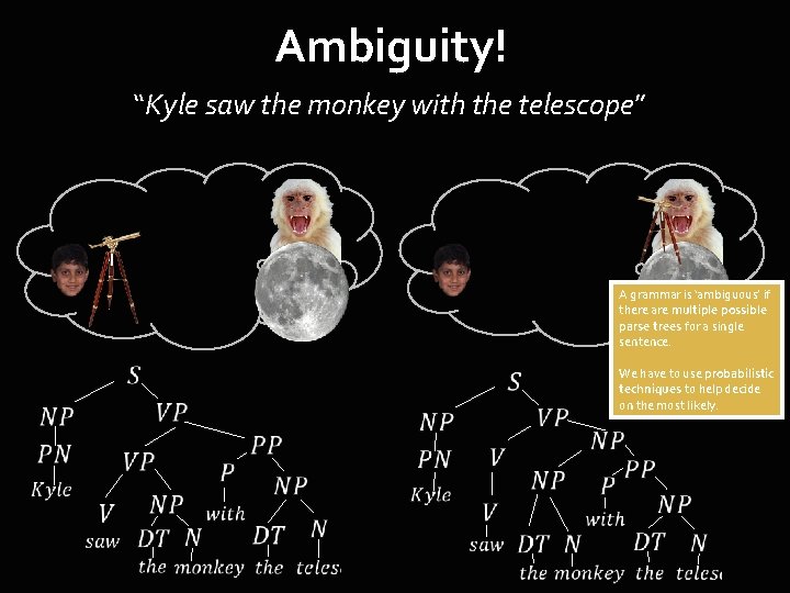 Ambiguity! “Kyle saw the monkey with the telescope” A grammar is ‘ambiguous’ if there