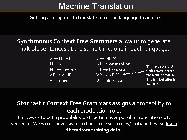 Machine Translation Getting a computer to translate from one language to another. Synchronous Context