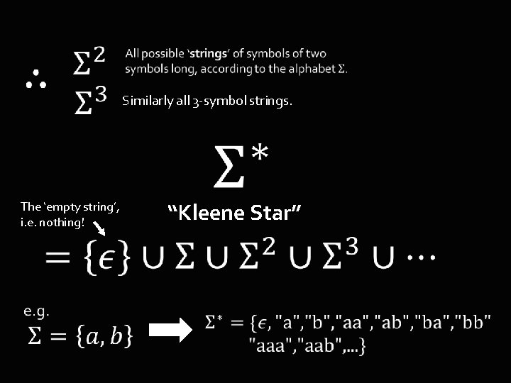 Similarly all 3 -symbol strings. The ‘empty string’, i. e. nothing! “Kleene Star” 