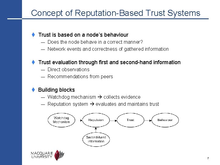 Concept of Reputation-Based Trust Systems t Trust is based on a node’s behaviour Does