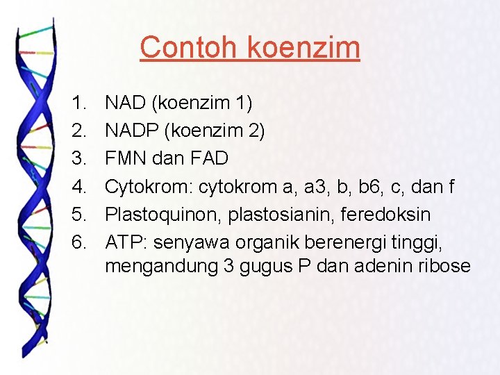 Contoh koenzim 1. 2. 3. 4. 5. 6. NAD (koenzim 1) NADP (koenzim 2)