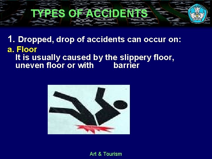 TYPES OF ACCIDENTS 1. Dropped, drop of accidents can occur on: a. Floor It