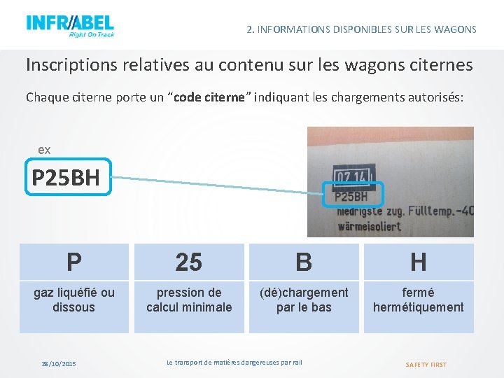 2. INFORMATIONS DISPONIBLES SUR LES WAGONS Inscriptions relatives au contenu sur les wagons citernes