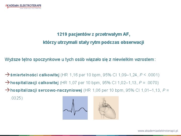 1219 pacjentów z przetrwałym AF, którzy utrzymali stały rytm podczas obserwacji Wyższe tętno spoczynkowe