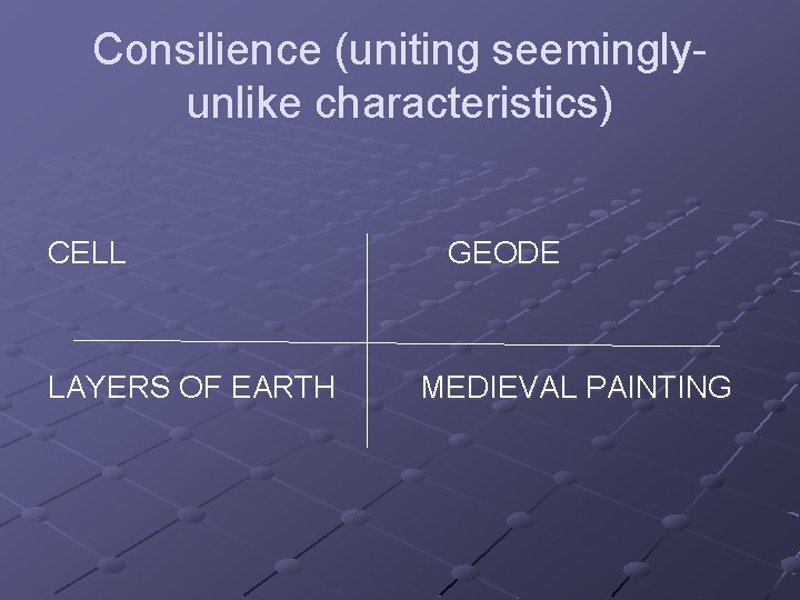 Consilience (uniting seeminglyunlike characteristics) CELL LAYERS OF EARTH GEODE MEDIEVAL PAINTING 
