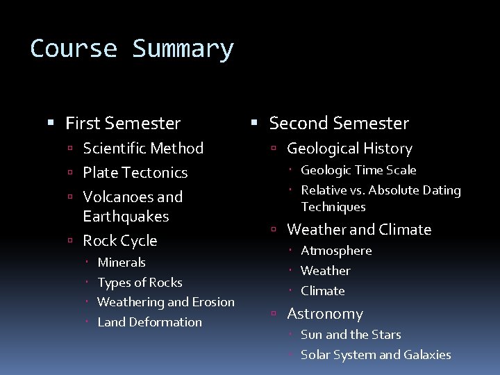 Course Summary First Semester Scientific Method Plate Tectonics Volcanoes and Earthquakes Rock Cycle Minerals