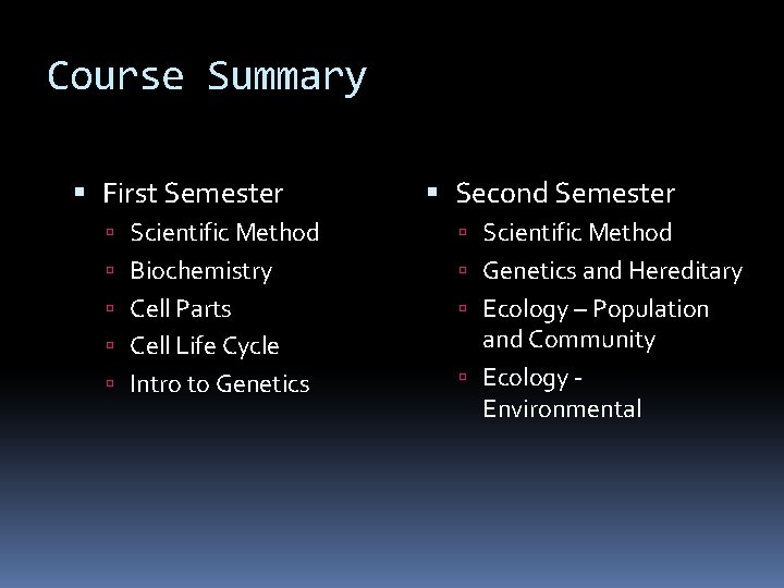 Course Summary First Semester Second Semester Scientific Method Biochemistry Genetics and Hereditary Cell Parts