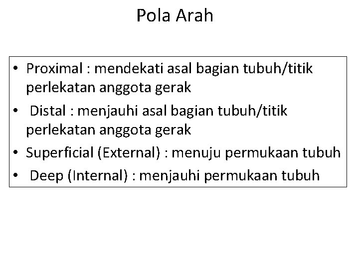 Pola Arah • Proximal : mendekati asal bagian tubuh/titik perlekatan anggota gerak • Distal