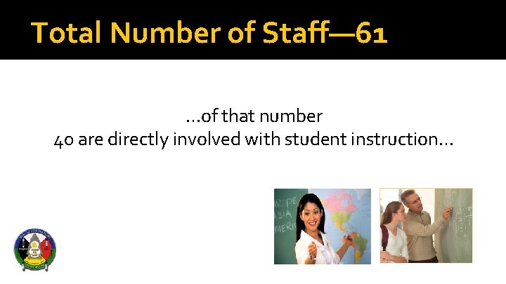 Total Number of Staff— 61 …of that number 40 are directly involved with student