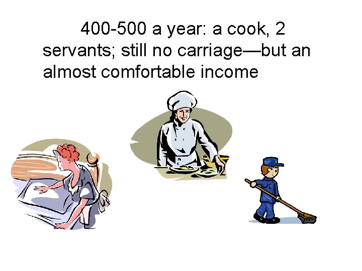 400 -500 a year: a cook, 2 servants; still no carriage—but an almost comfortable