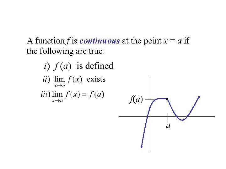 A function f is continuous at the point x = a if the following