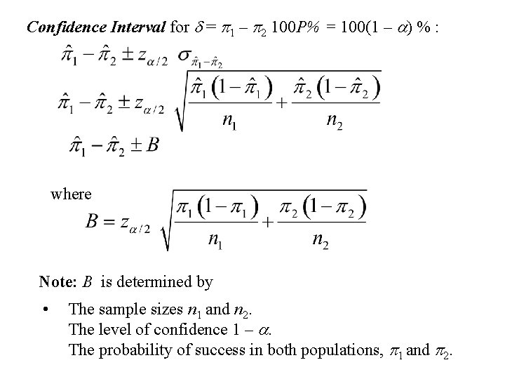 Confidence Interval for d = p 1 – p 2 100 P% = 100(1