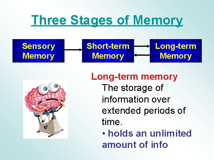 Three Stages of Memory Sensory Memory Short-term Memory Long-term memory The storage of information Three Stages of Memory Sensory Memory Short-term Memory Long-term memory The storage of information