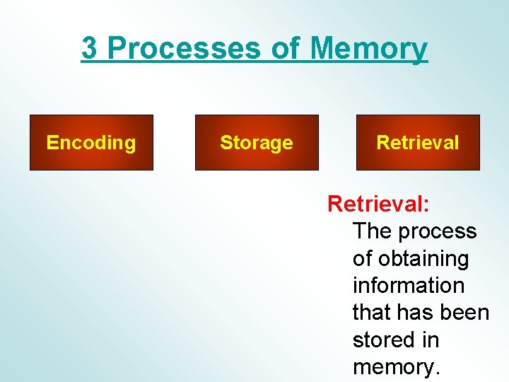 3 Processes of Memory Encoding Storage Retrieval: The process of obtaining information that has 3 Processes of Memory Encoding Storage Retrieval: The process of obtaining information that has