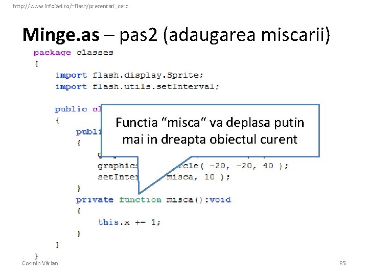 http: //www. infoiasi. ro/~flash/prezentari_cerc Minge. as – pas 2 (adaugarea miscarii) Functia “misca“ va